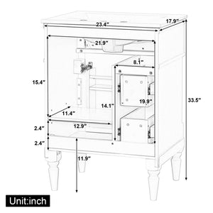 English Elm 24 Inch Freestanding Vanity with Ceramic Sink Rubberwood Frame Matte Finish Storage White N725P356058K