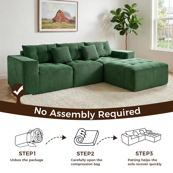 English Elm 101" Modular Cloud Sectional Corduroy Upholstered Sofa Reversible Chaise Living Room Green W1170S00055