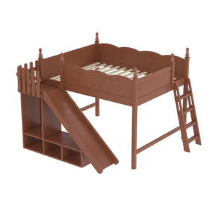 English Elm Queen Solid Pine Loft Bed with Wardrobe Shelves Detachable Slide and Dual Sleeping Zones Antique Natural W5305S00030