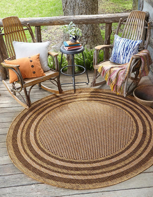 Unique Loom Outdoor Border Multi Border Machine Made Border Rug Light Brown, Brown/Light Brown/Gold 6' 0" x 6' 0"