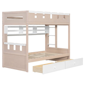 English Elm Twin Castle Bunk Bed with Led Lighting Built-in Shelf and Storage Drawers for Kids White LT000158AAK