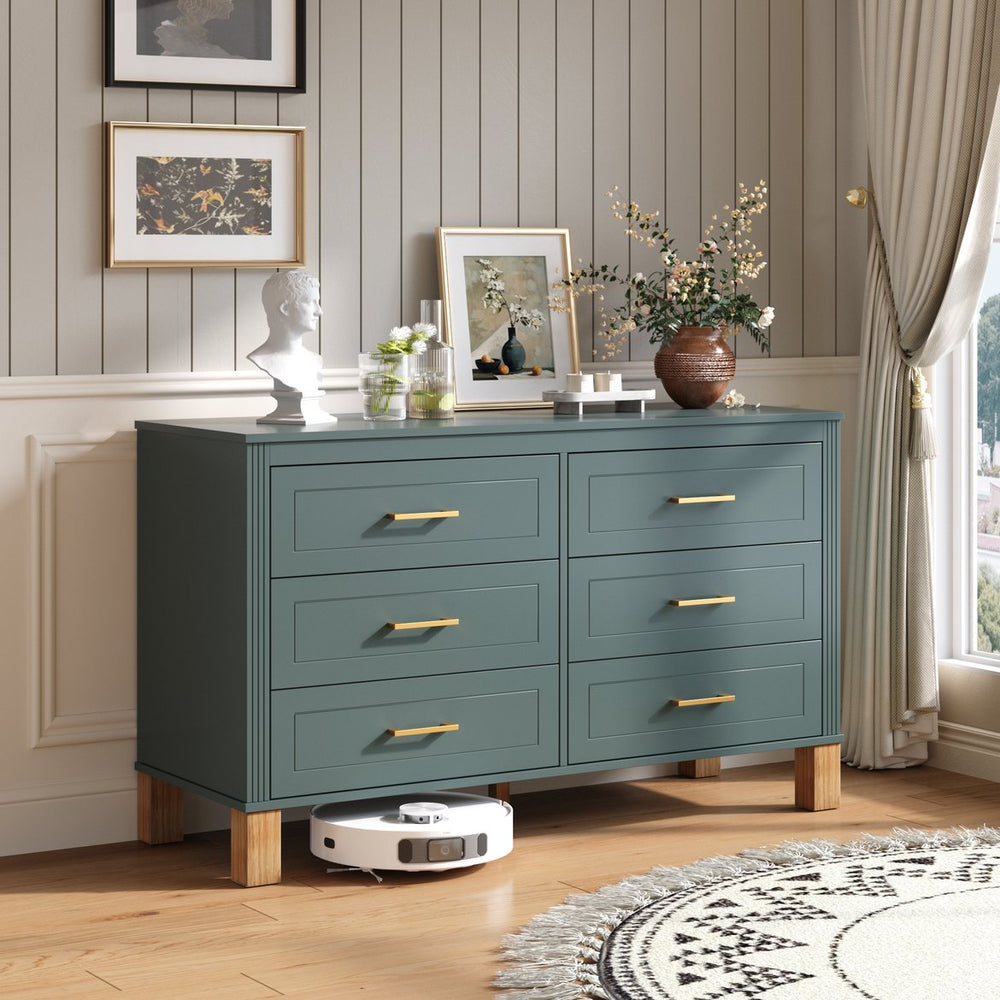 English Elm 6-drawer Solid Wood Dresser Mid-century Modern Gray Finish with Metal Bar Handles Light Green W1445P419755