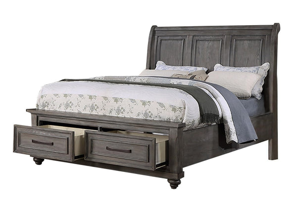 English Elm Queen Sleigh Bed with Underbed Drawers Gray Vintage Transitional 3-Panel Headboard Storage Classic Elegance B011S01399