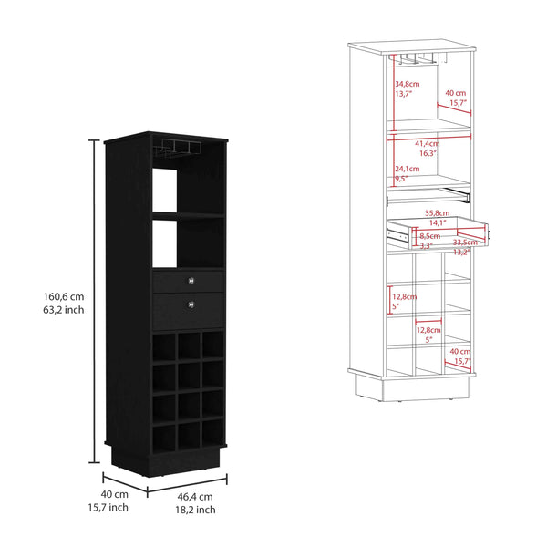 English Elm Classic Matte Black Bar Cabinet with Twelve Bottle Wine Rack and Two Storage Drawers B20091835