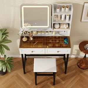 English Elm Makeup Vanity Set with Rotating Led Mirror Amber Glass Top Drawers and Charging Station N704P385441K