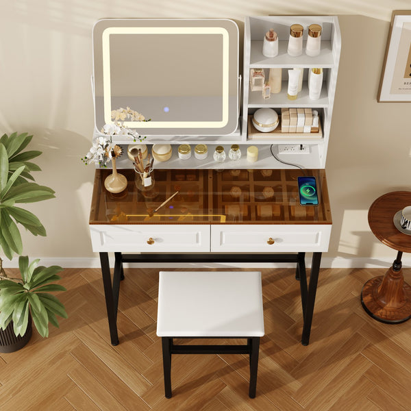 English Elm Makeup Vanity Set with Rotating Led Mirror Amber Glass Top Drawers and Charging Station N704P385441K