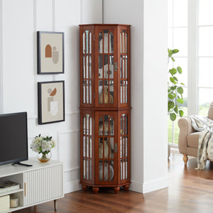 English Elm Corner Curio Cabinet with 6 Shelves, Tempered Glass Display, Built-In Lighting, Mirrored Back Walnut W1693P216949