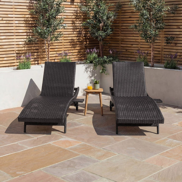 English Elm K&k Outdoor Wicker Reclining Chaise Set 2 Piece with Pull Out Tray Rolling Wheels Black+Brown N707P395515D