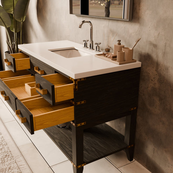 English Elm Black Oak Single Bath Vanity 48" With White Quartz Top, Chrome Faucet & Ample Storage Solutions B2731P261029