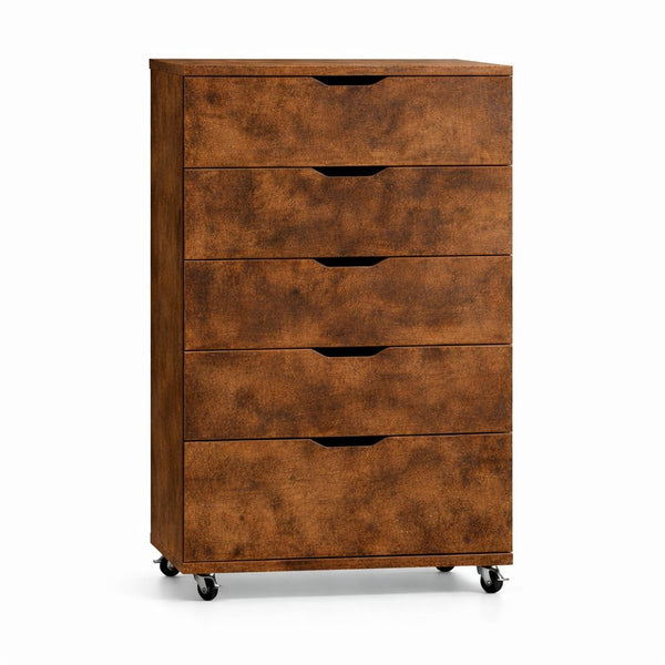 English Elm 5 Drawer Rolling Chest Distressed Finish Mobile Bedroom Storage Cabinet on Caster Wheels Rustic Brown B372P444032
