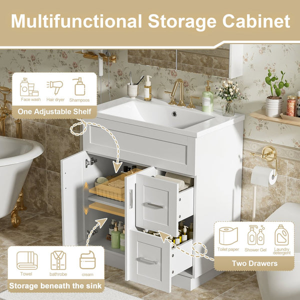 English Elm [video] 30 Inch Freestanding Bathroom Vanity with Soft Close Drawers and Resin Sink N729P396833K