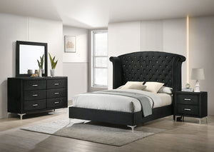 English Elm 1pc Glam Upholstered Queen Bed with Velvet Wingback Headboard, Diamond Tufting & Nailhead Trim Black 96.06 L x 43.9 W x 2.76 H B011S01662