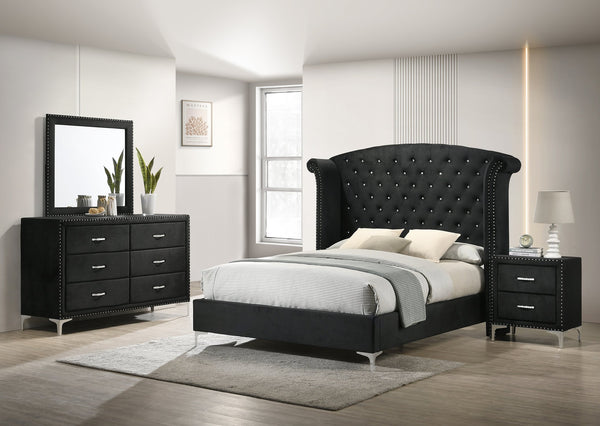 English Elm 1pc Glam Upholstered Queen Bed with Velvet Wingback Headboard, Diamond Tufting & Nailhead Trim Black 96.06 L x 43.9 W x 2.76 H B011S01662