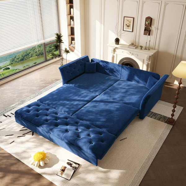 English Elm 74.4" Queen Velvet Sleeper Sofa Artisan Floral Tufted Cushions Converts for Guest Rooms Blue W1885S00306