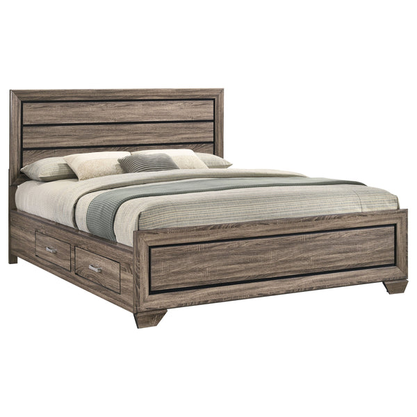 English Elm Carbon Washed Taupe Panel Storage Bed California King with Slatted Frame, Built-In Drawers, Rustic Modern Elegance B062S00688