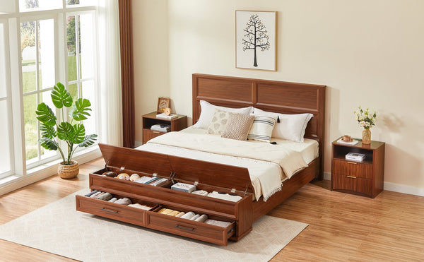 English Elm Queen Storage Bed with Geometric 3d Headboard Four Drawers and Walnut Finish W1820S00056