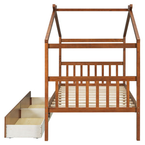 English Elm Twin House Bed Solid Pine Kids Cottage Frame with Storage Drawers Imaginative Room Walnut N708P309245L