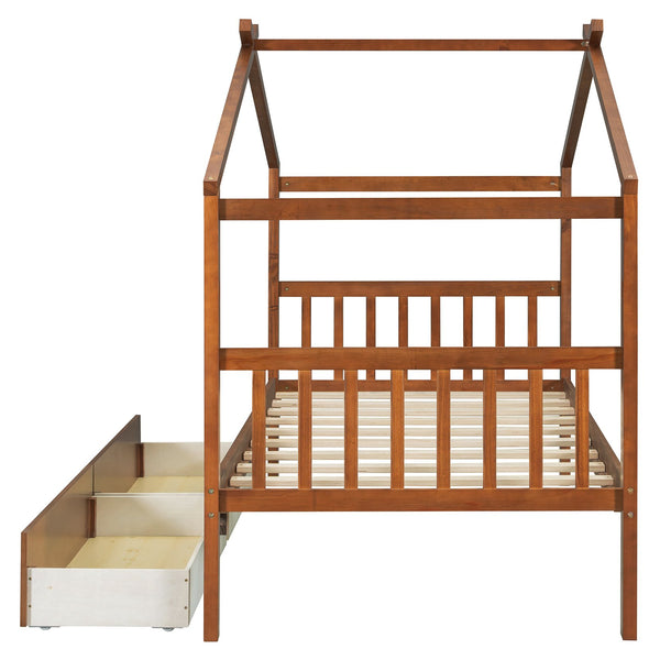 English Elm Twin House Bed Solid Pine Kids Cottage Frame with Storage Drawers Imaginative Room Walnut N708P309245L