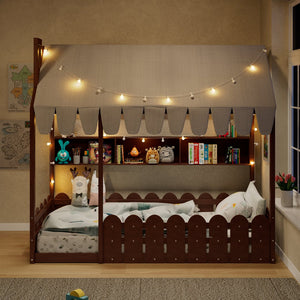 English Elm {slats Are Not Included} Twin Montessori House Floor Bed Kids Tent Lights Shelves Pinewood Frame Espresso N708P407962P