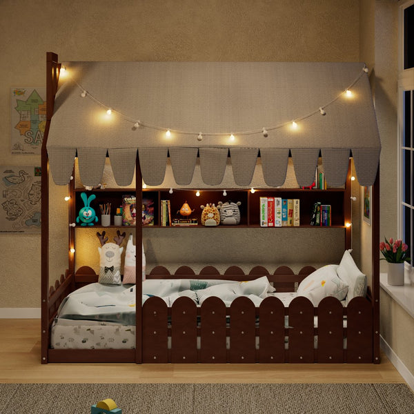 English Elm {slats Are Not Included} Twin Montessori House Floor Bed Kids Tent Lights Shelves Pinewood Frame Espresso N708P407962P