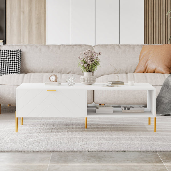 English Elm Mid-century Modern Coffee Table with Dual Drawers Tapered Legs and Open Storage Shelf White T3609P482851