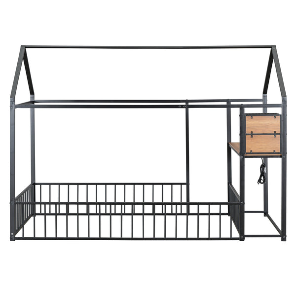 English Elm Twin House Bed Frame with Roof & Fence, Metal Twin Loft with Built-In Desk Shelves USB Outlets Black N737P173490B
