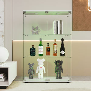English Elm Tempered Glass Display Cabinet – Versatile Wine & Storage Case With Color-Changing Light & Casters W3155P291596-GIGA