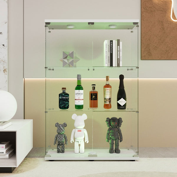 English Elm Tempered Glass Display Cabinet – Versatile Wine & Storage Case With Color-Changing Light & Casters W3155P291596-GIGA