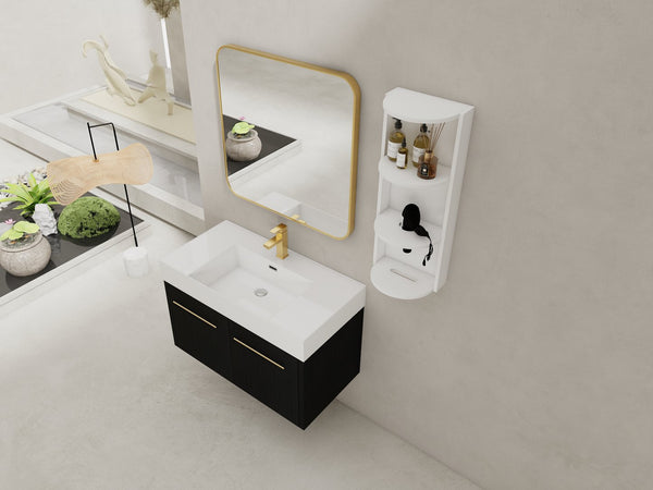 English Elm 36 Inch Wall-Mounted Bathroom Vanity Set With Thick Resin Sink, Storage Rack & Soft-Close Hinges W999S00369