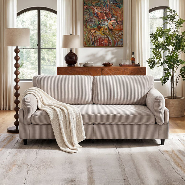 English Elm 82.6" Corduroy Mid-century Loveseat Ribbed Fabric Sofa Solid Wood Tapered Legs 2 Seater Camel W5515P488385