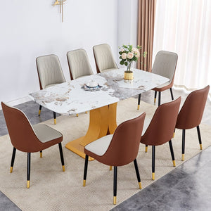 English Elm Table Luxurious Pandora-Patterned Glass Dining Set With Golden Legs & 8 Ergonomic Pu Leather Chairs W1151S03249-GIGA