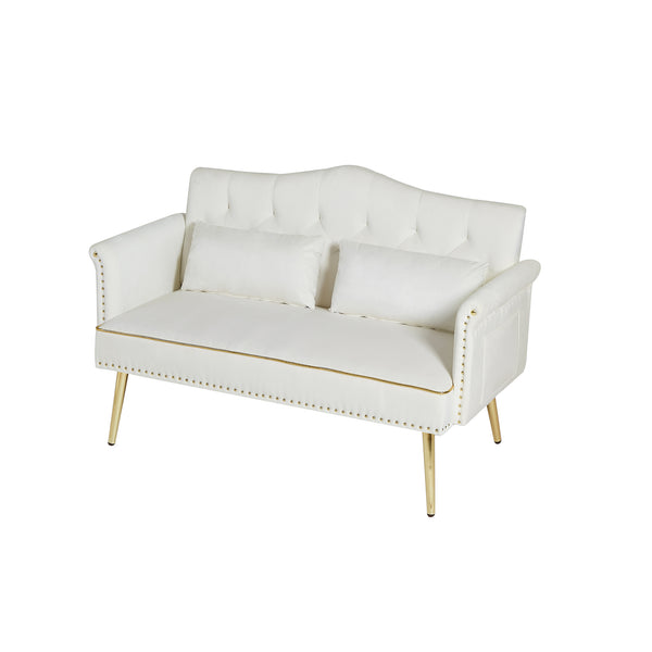 English Elm CREAM Velvet 2-Seater Sofa with Gold Metal Legs, Foam Cushion Comfort, Solid Wood Frame, Compact Luxury W588P165684