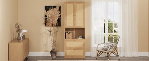 English Elm 2 Door Bookshelf with USB Port and 3 Drawers — Compact Pine-MDF Storage Cabinet for Living Room Natural 80.1 L x 17.65 W x 6.3 H N701P245551W
