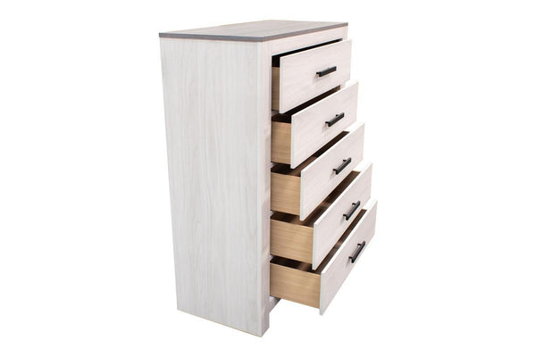 English Elm Modern Two Tone Five Drawer Chest White Finish Slim Bar Handles Scandinavian Bedroom B011P447493