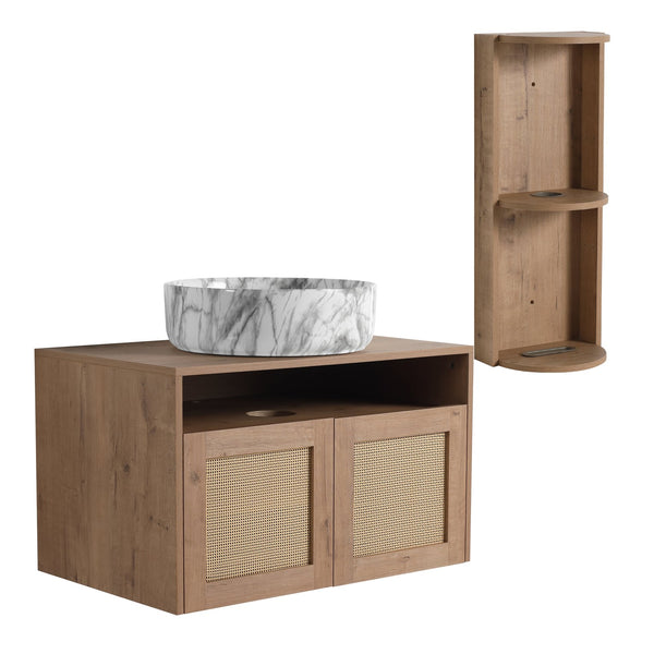 English Elm 30" Floating Bathroom Vanity Oak Finish Ceramic Vessel Sink Soft Close Plywood Cabinet W999S00503