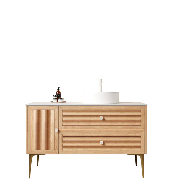 English Elm MUNIN Oak Woodgrain 48" Bathroom Vanity with Carrara Sintered Countertop, Ceramic Vessel Sink, Soft-Close Storage W2615S00130