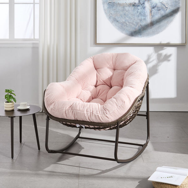 English Elm Outdoor Rattan Oversized Egg Rocking Chair with Velvet Padded Cushion, Hand‑Woven Patio Recliner Seat Pink W640P271524