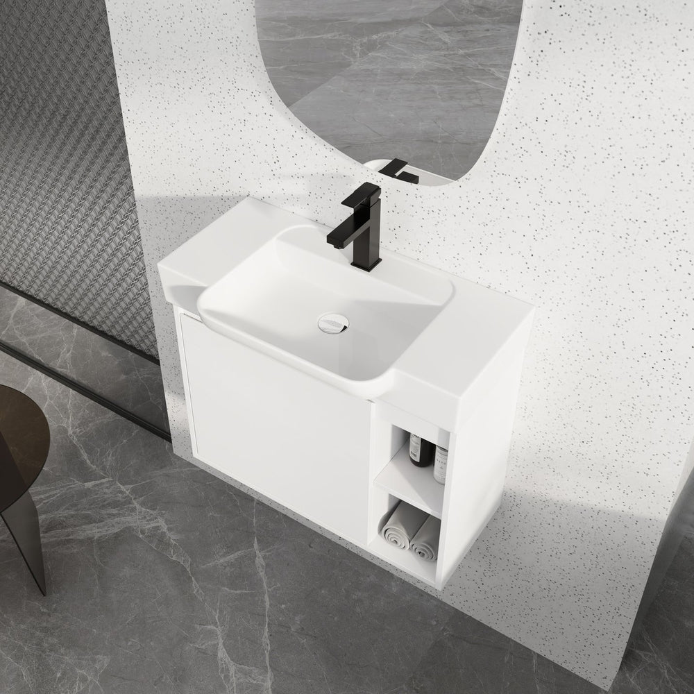 English Elm 28'' Floating Bathroom Vanity with Ceramic Sink Soft Close Door Melamine Cabinet Glossy White W999P426642