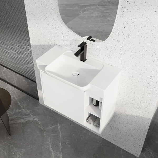 English Elm 28'' Floating Bathroom Vanity with Ceramic Sink Soft Close Door Melamine Cabinet Glossy White W999P426642