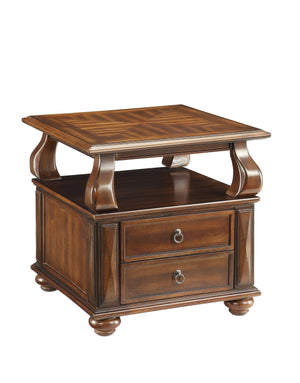 English Elm Walnut 2-Drawer End Table with Open Shelf, Rich Finish, Round Bun Legs for Stylish Storage and Charm B062P209058