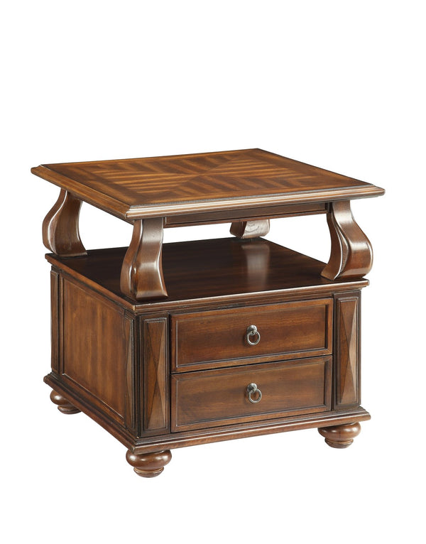 English Elm Walnut 2-Drawer End Table with Open Shelf, Rich Finish, Round Bun Legs for Stylish Storage and Charm B062P209058