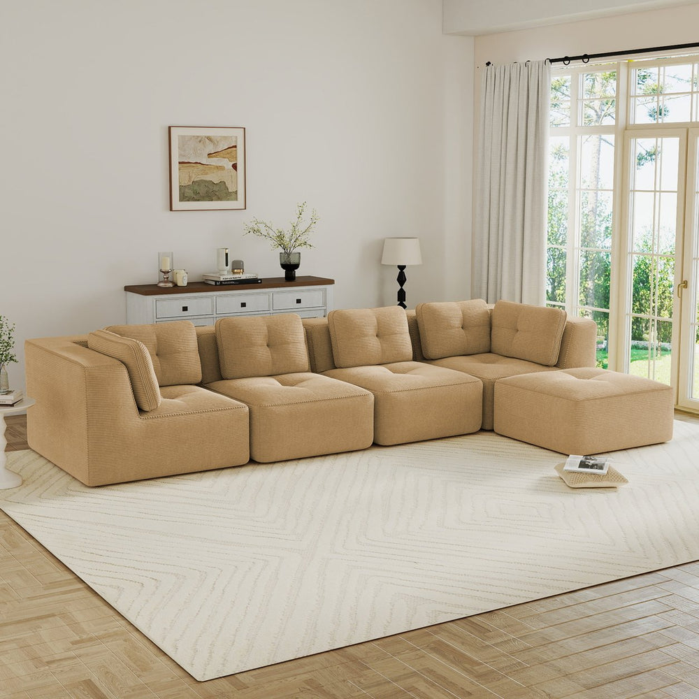 English Elm Modern Corduroy Sectional Sofa with Movable Ottoman Deep Seat Tufted Living Room Couch Camel W714S01787