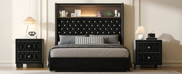English Elm Full Velvet Wingback Platform Bed Tufted Headboard Shelf Usb Port Rivet Trim N733P368653B