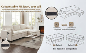 English Elm Modern Chenille Three Seat Sofa with Ottoman Usb Charging Ports and Storage Pockets Beige White W2519S00001