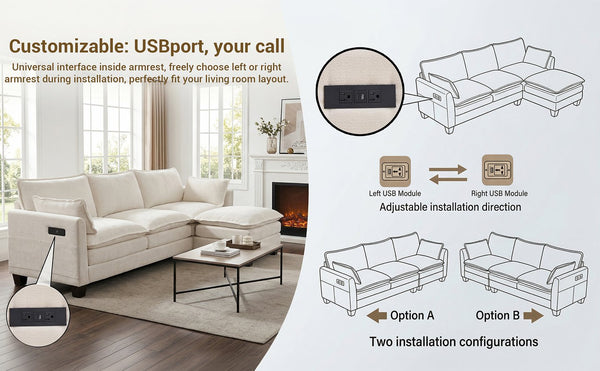 English Elm Modern Chenille Three Seat Sofa with Ottoman Usb Charging Ports and Storage Pockets Beige White W2519S00001