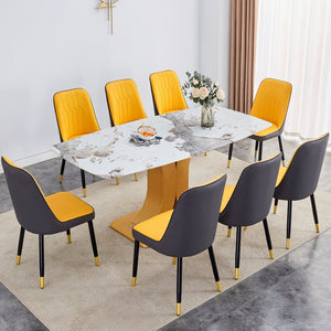 English Elm Table Set: Luxurious 71" Pandora Patterned Glass Dining Table With Golden Legs & 8 Chic Pu Chairs W1151S03245-GIGA