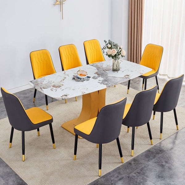 English Elm Table Set: Luxurious 71" Pandora Patterned Glass Dining Table With Golden Legs & 8 Chic Pu Chairs W1151S03245-GIGA