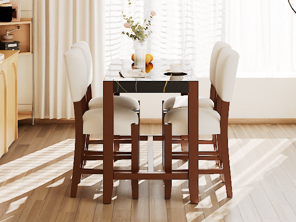English Elm 5-Piece Counter Height Dining Set with Faux Marble Top and Upholstered Seats, Mid-Century Pub Charm Black+Beige N752S000086D
