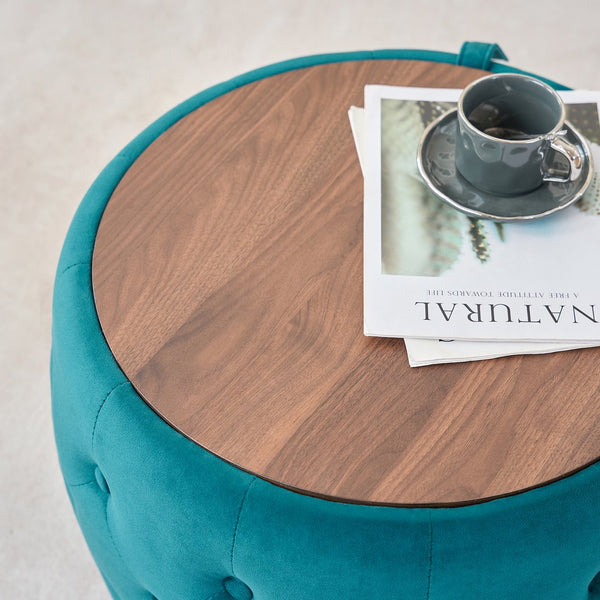 English Elm Ball Cast Round Nesting Ottoman Set Linen Upholstered Hidden Storage with Wooden Tray Blue W3163P379372