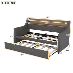 English Elm Twin Size Daybed And Trundle Set With Charging Station, Led Lights, Gray Upholstered Design, Modern Look W1580S00044-GIGA